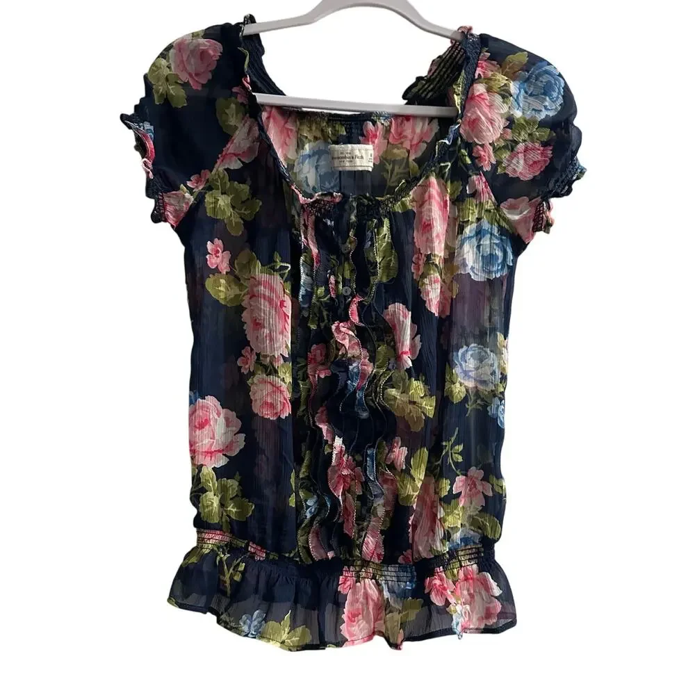Abercrombie & Fitch Floral Chiffon Blouse M Navy Pink Ruffle Coquette Y2K